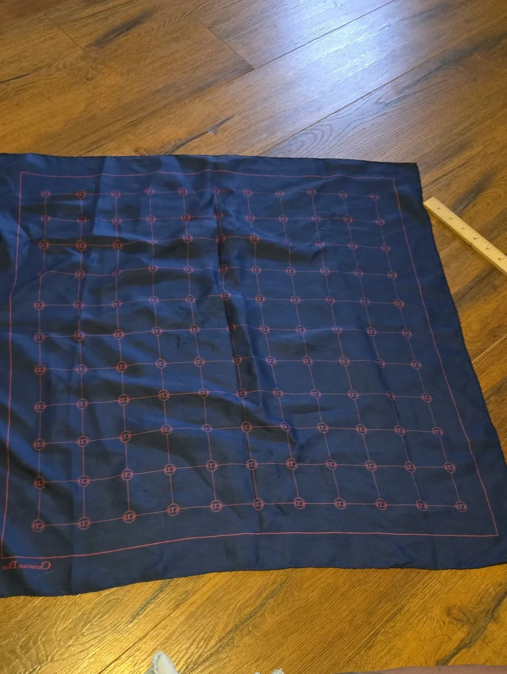 Vintage Christian Dior Navy Blue Square Scarf with Red Grid
